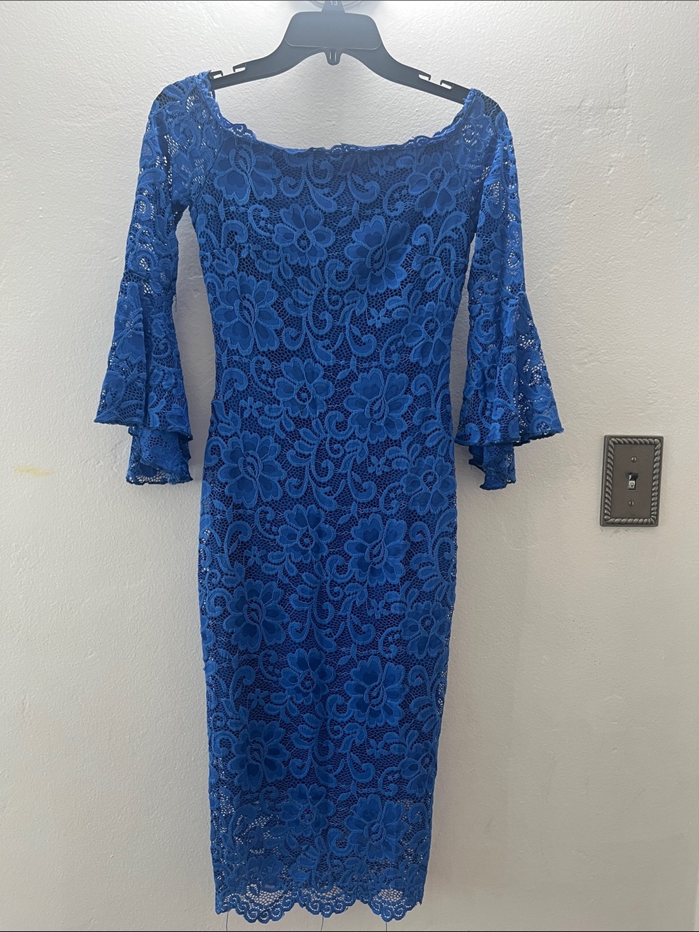 Blue Lace Off-Shoulder Sheath Dress